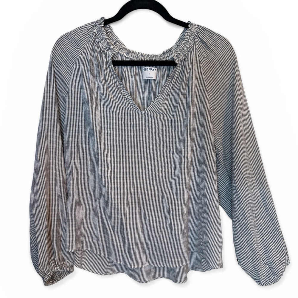 Old Navy Blue & White Striped Peasant Blouse Size Largr Boho Off Shoulder Top - Picture 4 of 8